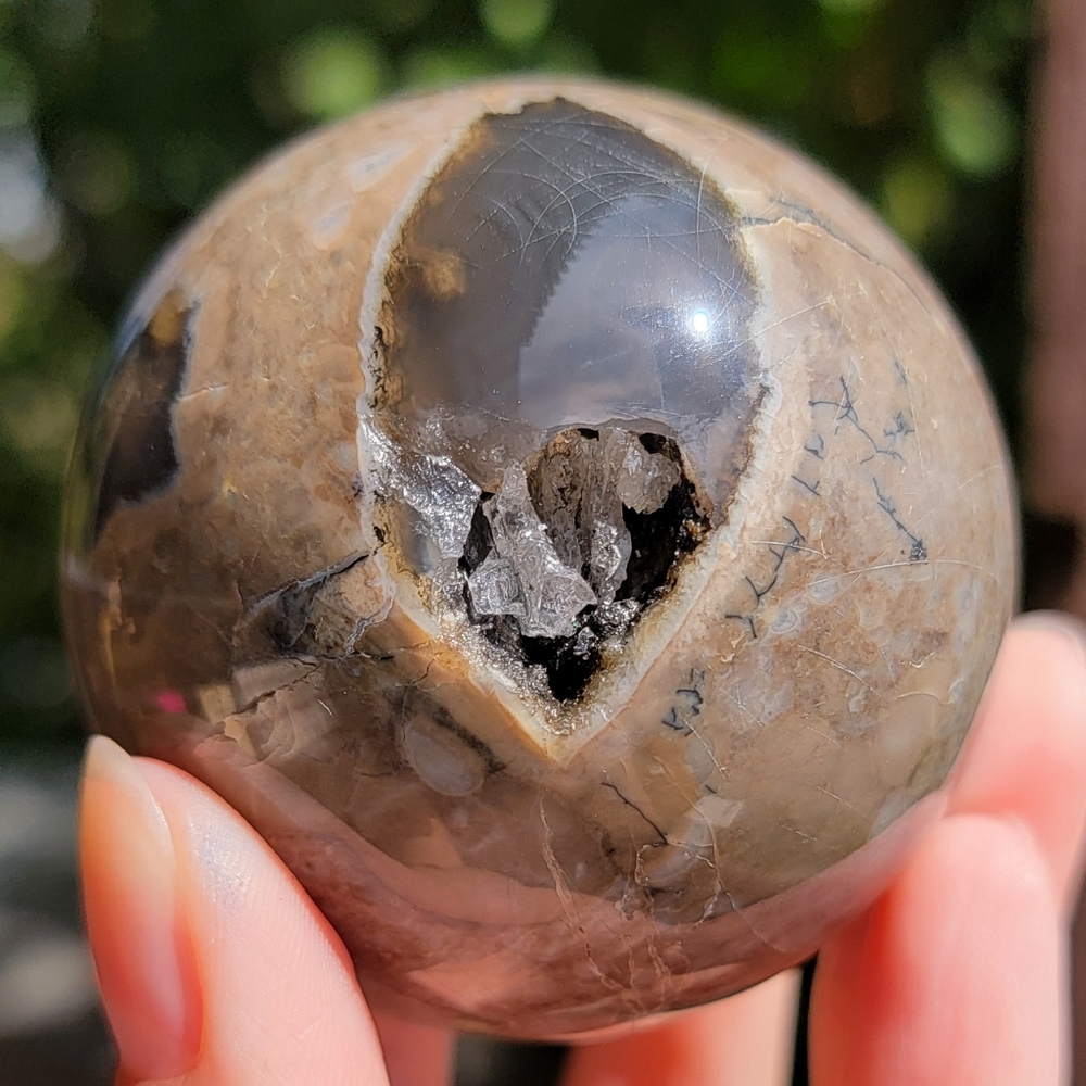 NEW 54MM UV REACTIVE VOLCANO AGATE WITH CALCITE SPHERE